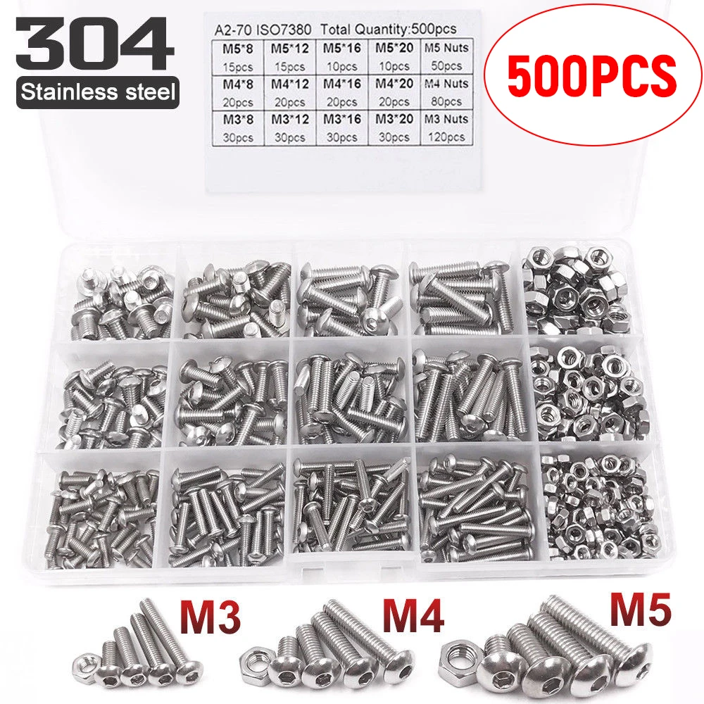 500 шт болты и гайки комбинированный набор 304 нержавеющая сталь три размера M3/M4/M5 с