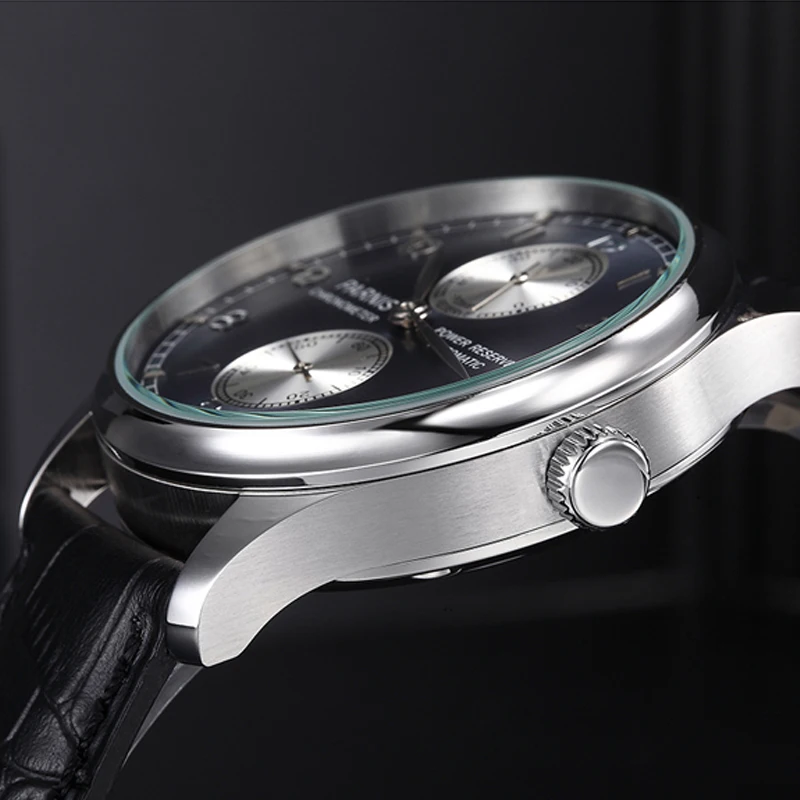 Parnis 43mm Silver Case Automatic Mechanical Men's Watch Power Reserve Black Leather Strap Men Watches heren horloge Luxury