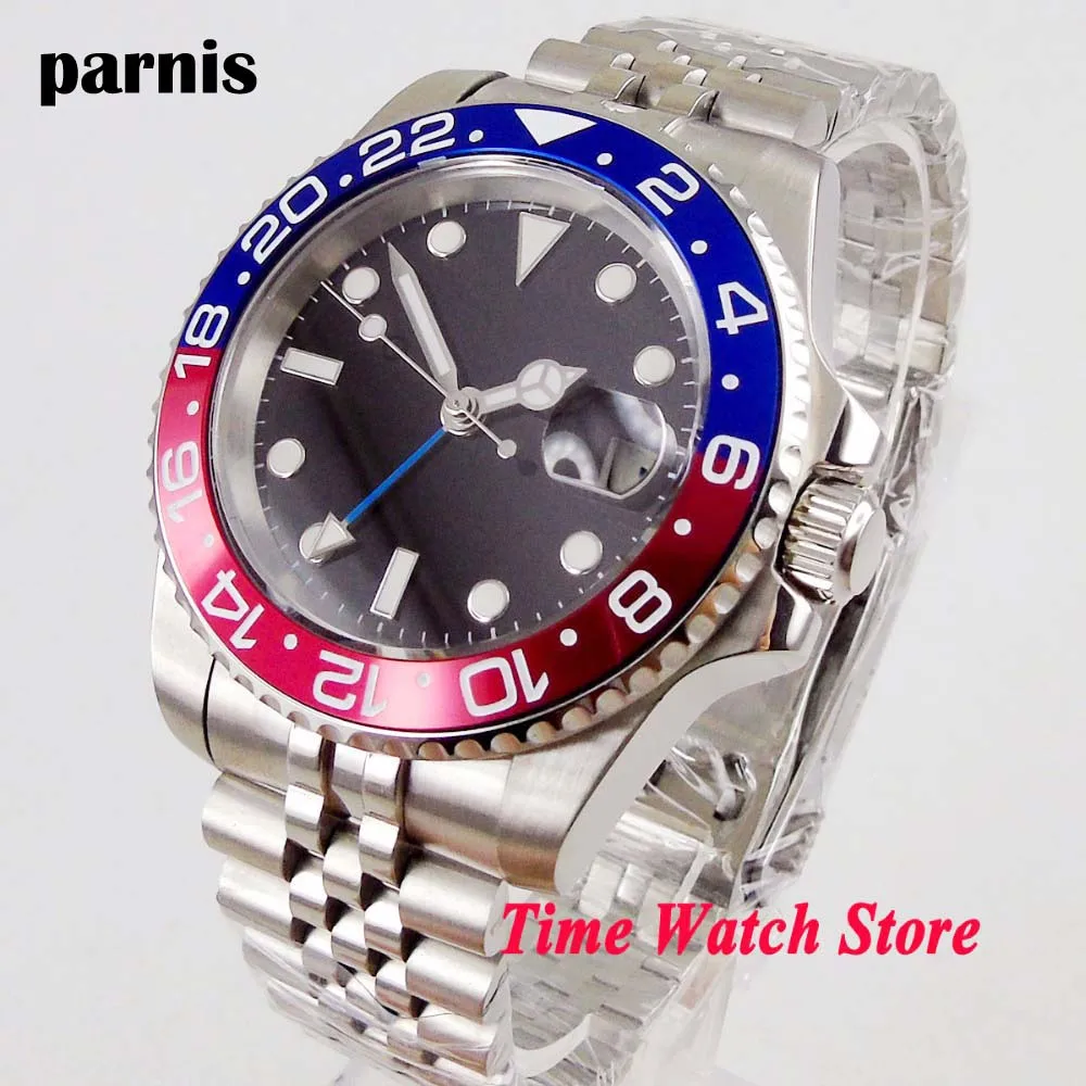 

40mm PARNIS wristwatch for men sapphire crystal steel bracelet black sterile dial luminous GMT automatic mechanical watch date