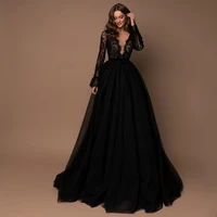 gorgeous black a line lace long sleeve v neck sweep train evening dress 2021 high quality tulle specoal occasion gowns