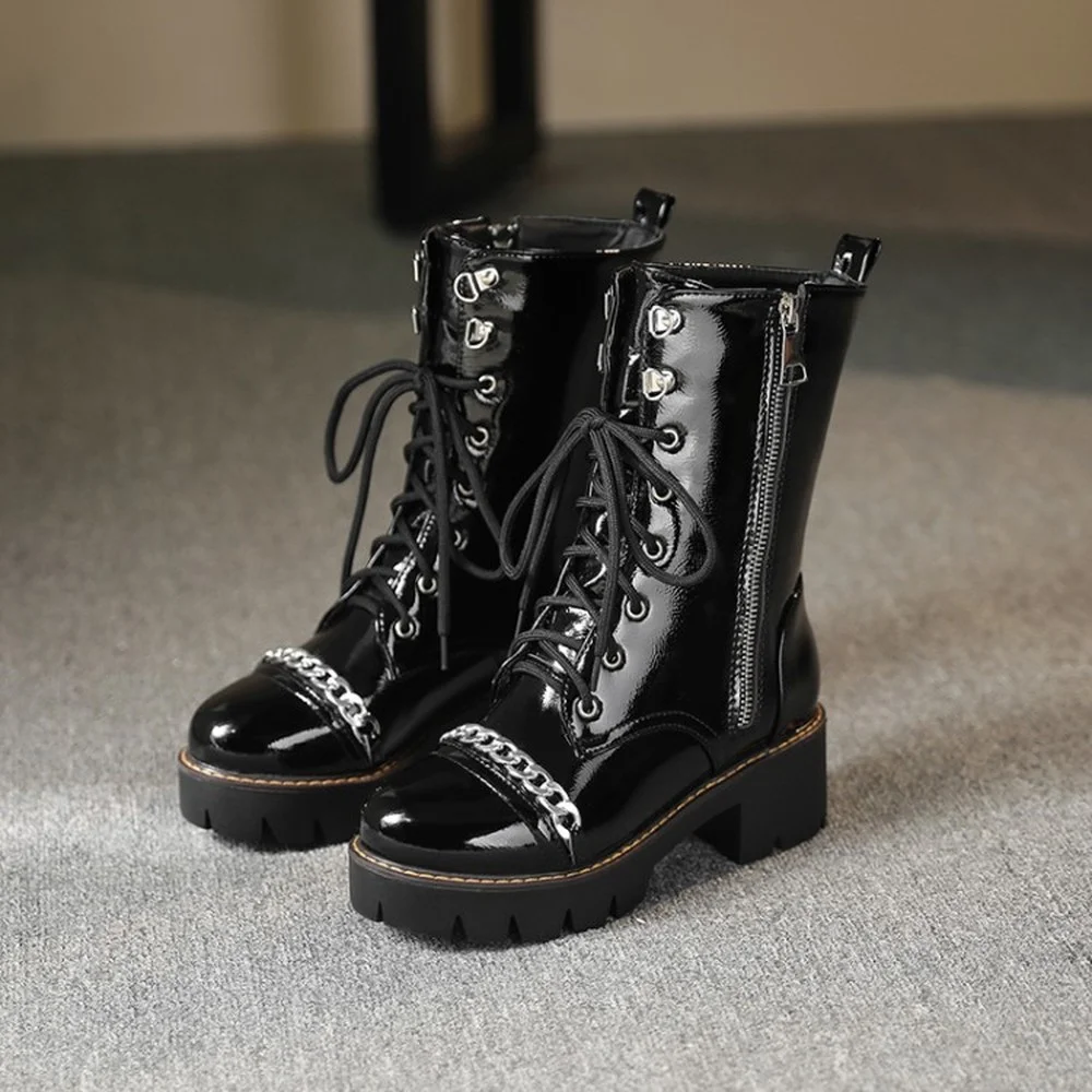 

Womens Round Toe Ankle Boots Metal Chain Platform Oxfords Chunky High Heel Shoes Patent Leather Punk Black Plus Size
