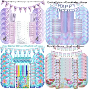 Набор одноразовой посуды для дня рождения русалки, салфетки, тарелки, чашки, соломинки, для детского душа