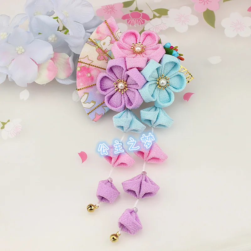 Японский головной убор tsuami Kanzashi розовый красный с кисточками Кура цветок веер