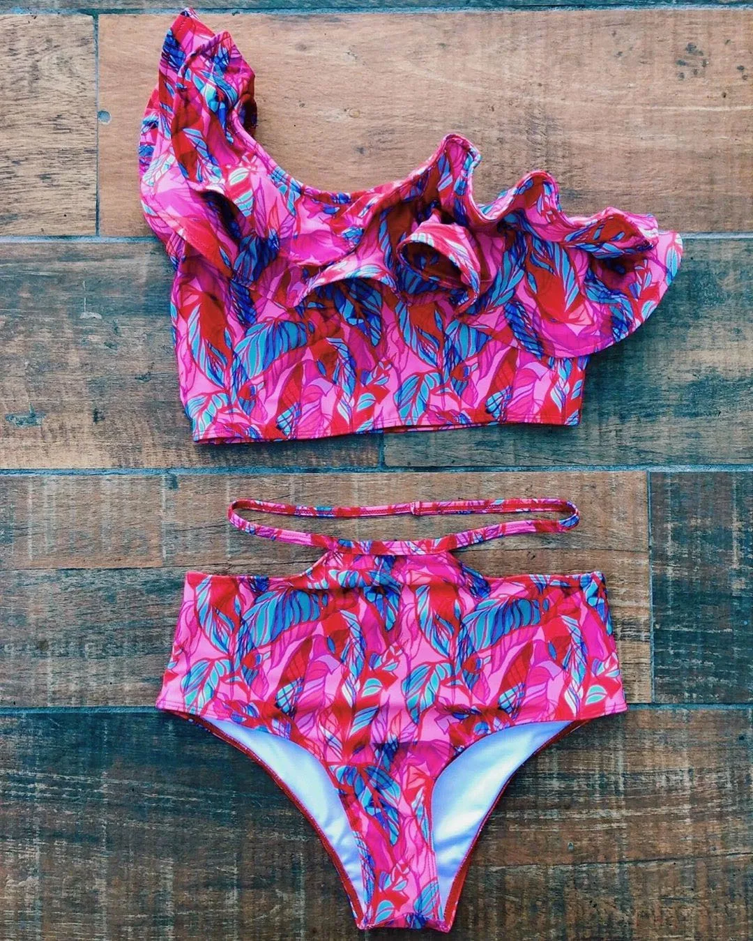 Комплект бикини с оборками для женщин, бикини с высокой талией и принтом, Бразильский бикини, купальник в тропическом стиле, купальник, купальный костюм