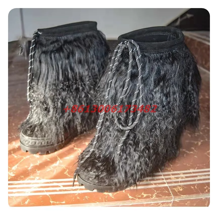 Женские зимние сапоги на танкетке черные теплые из чистой шерсти с двойной