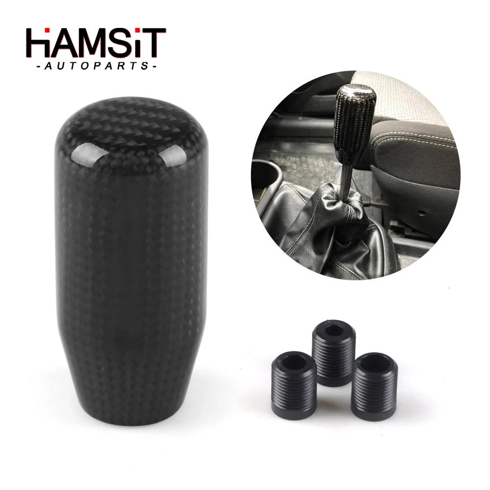 

Hamsit modified real carbon fiber gear shift head universal round racing cylindrical ripple stick head shift handle with adapter