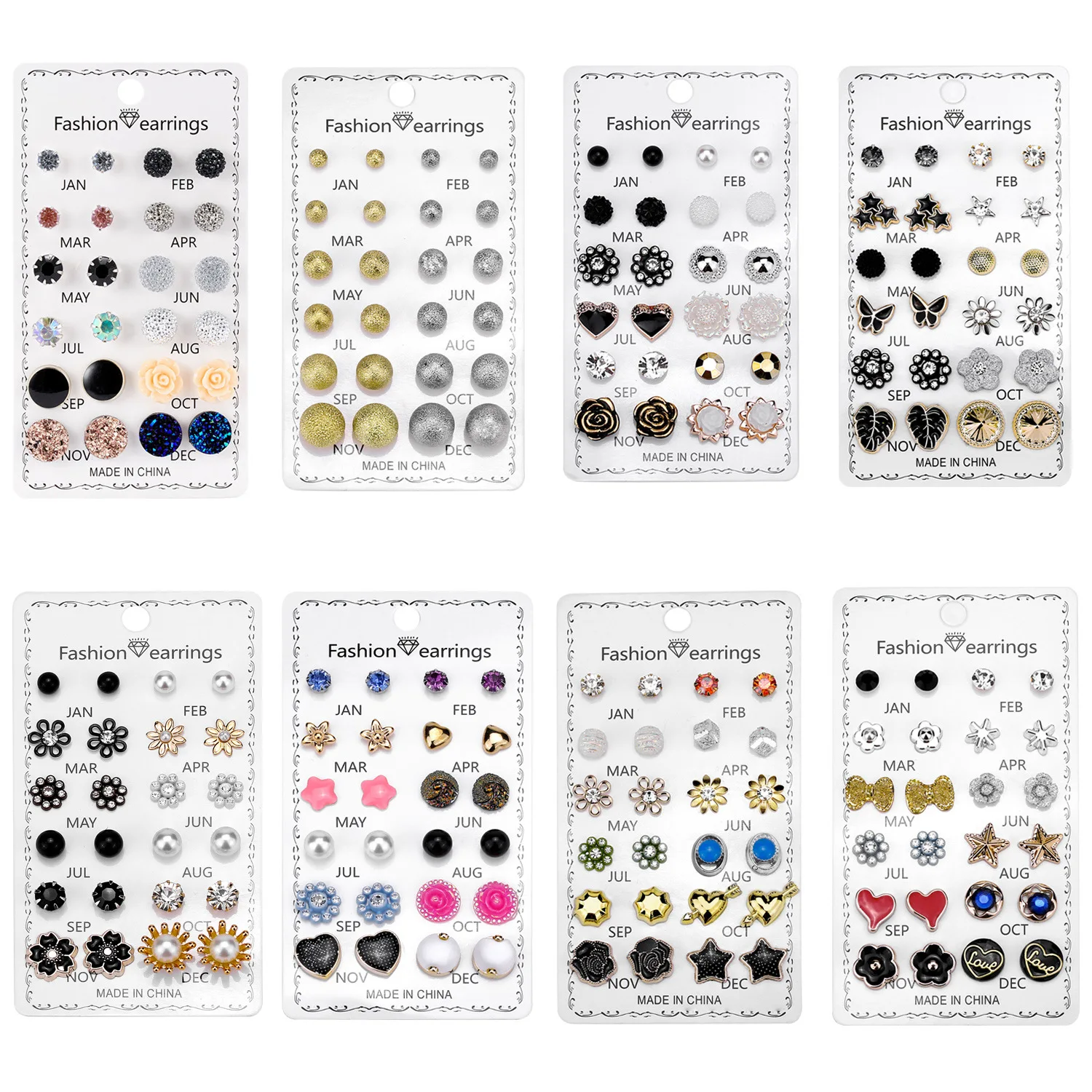 

Creative Crystal Combination Paper Card Earrings For Women New Set Drip Oil Love Flower Earrings 12pcs / Set Jewelry Wholesale