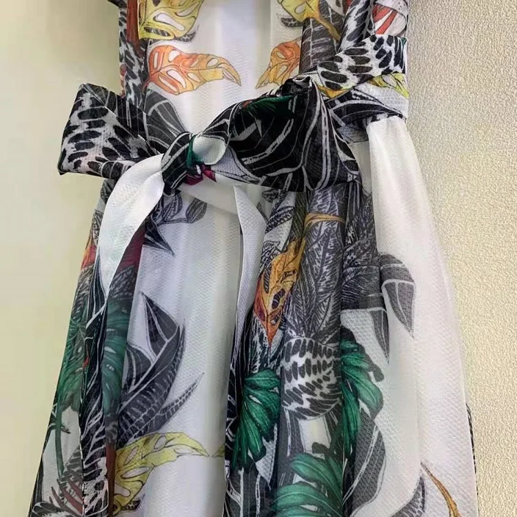 

Dress 2021 Summer High Quality Designer Clothing Women Sexy Slash Neck Tropical Prints Mid-Calf Length Casual White Black Dress