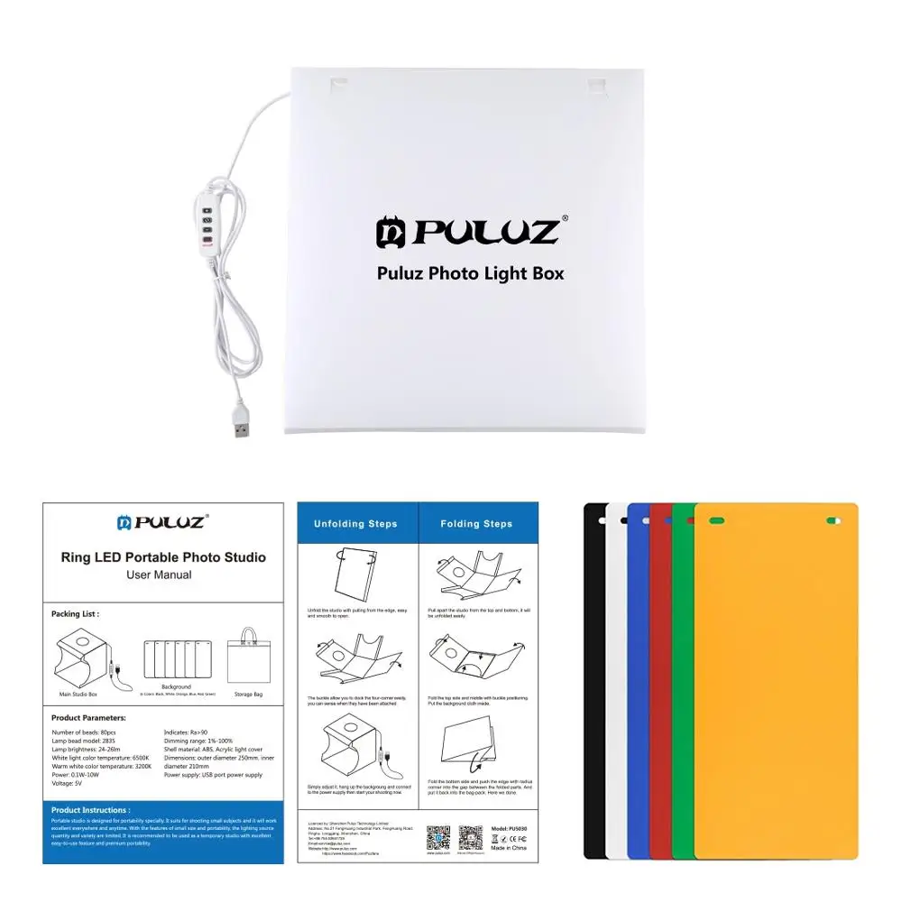 

PULUZ 30cm Portable Folding Ring Light Photo Lighting Studio Shooting Tent Lighting Box with 6 Color Backdrops