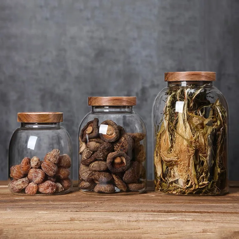 Sealed Kitchen Storage Container Mason Jars with Wood Lid Spices Glass Jar Clear Pasta Airtight Canister Food Storage Organizer