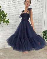 2022 bow straps navy blue midi prom dresses pockets tea length wedding party dresses pleated tulle a line formal gowns custom