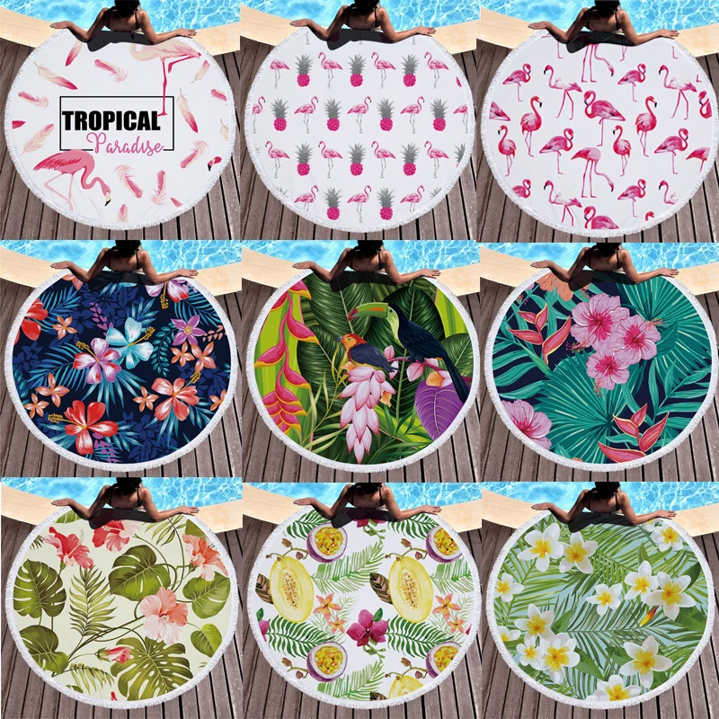 Круглое Большое пляжное полотенце из микрофибры с принтом цветов птиц и листьев