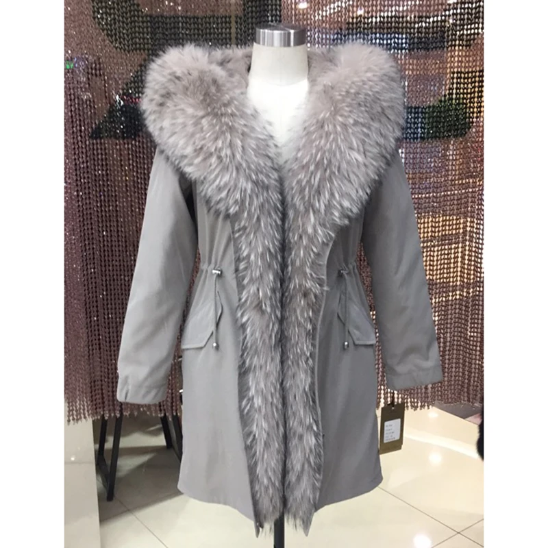 Женская зимняя длинная парка куртка с капюшоном и воротником из енота лисы