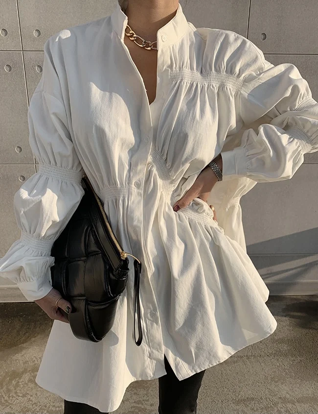 

SuperAen, новый дизайн, складки средней длины, однотонная универсальная рубашка с пышными рукавами, однобортная женская блузка с воротником-сто...