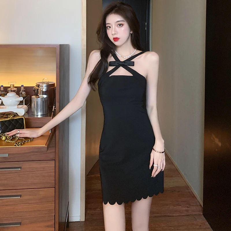 

COIGARSAM Sexy Women one-piece dress korean New Summer Bow Dresses Black 9175