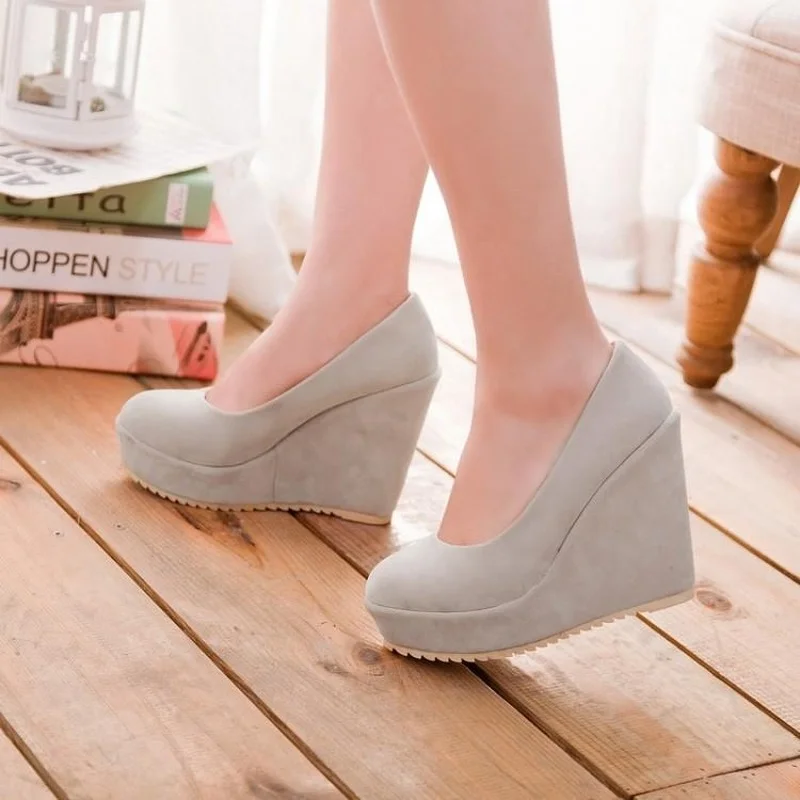 

XJRHXJR 2021 New Round Toe Women High Heels Elegant Wedges Wedding Dress Pumps Female Flock Platform Slip on Shoes