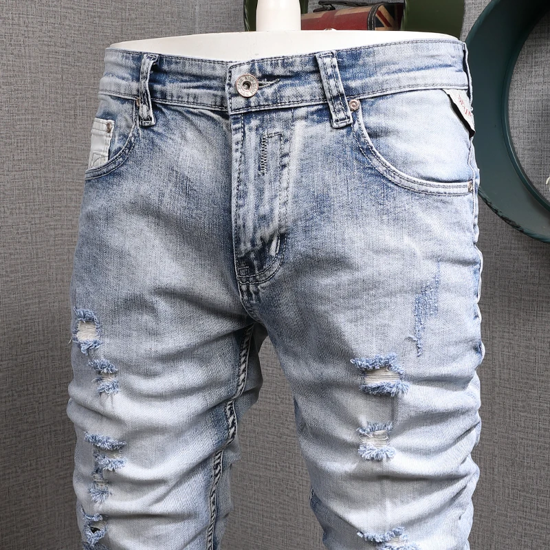 Mens Light Blue Ripped Jeans Men Summer Thin Straight Slim Fit Pants Streetwear Cotton Denim Trousers