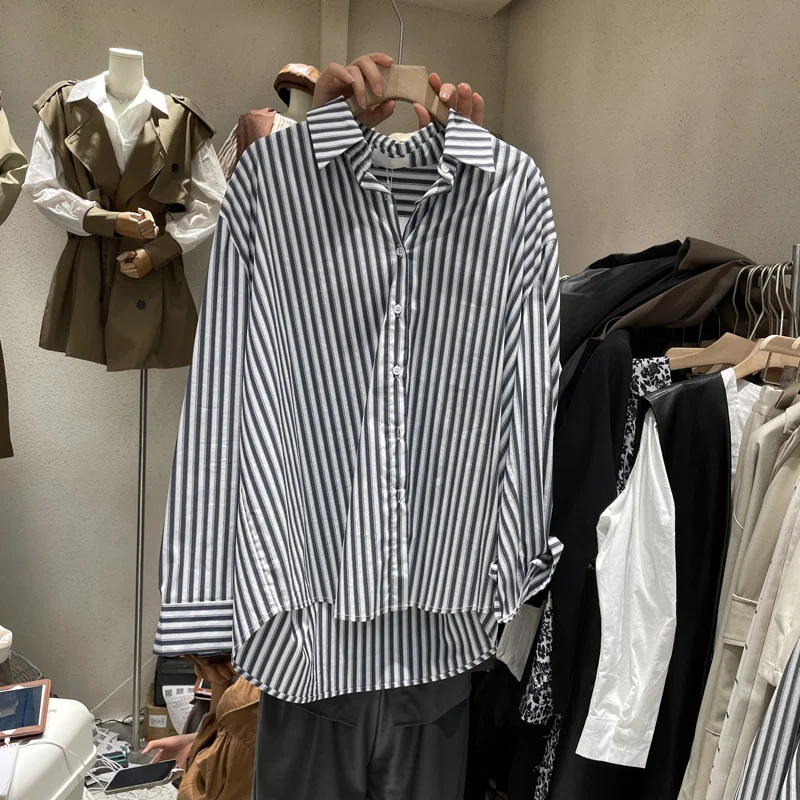 

Hong Kong Style Vintage Vertical Stripes Shirt Women's Long Sleeve Spring and Autumn Thin Korean Chic Style Small Boyfriend