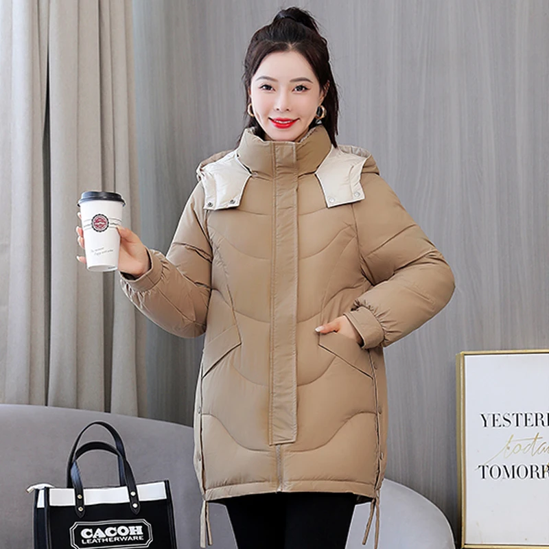 

Hooded Casual Winter Thick Women's Jacket Female Warm Solid Cotton Padded Coat Outwear Mid-Length Zipper Down Cotton Parkas