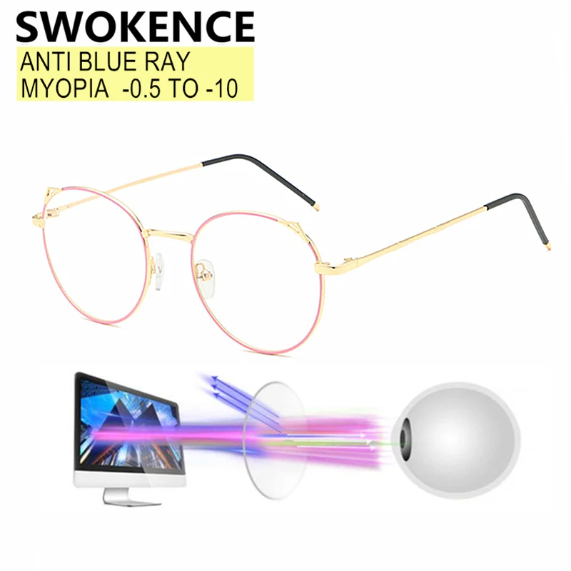 

SWOKENCE Blue Light Blocking Myopia Glasses Prescription -0.5 to -10 Men Women Cat Ears Nearsighted Optical Spectacles F167