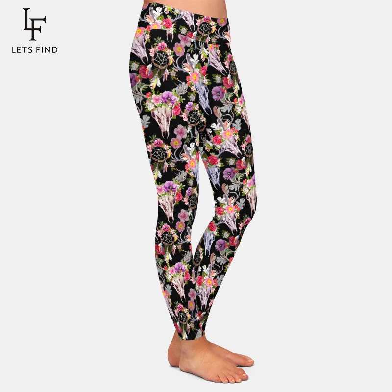 LETSFIND Fashion Winter Women High Waist Fitness Leggings 3D Deer Skulls with Flowers and Dreamcatchers Print  Leggings