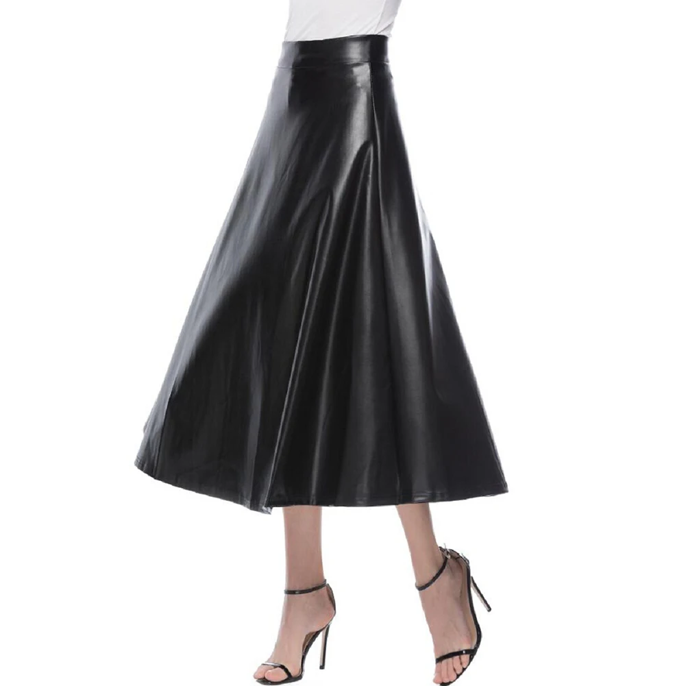 

Hot 2021 New Fashion Women Autumn Winter PU Faux Leather Skirts Lady High Waist A-line Midi Long Black Skirt Women Long Skirt