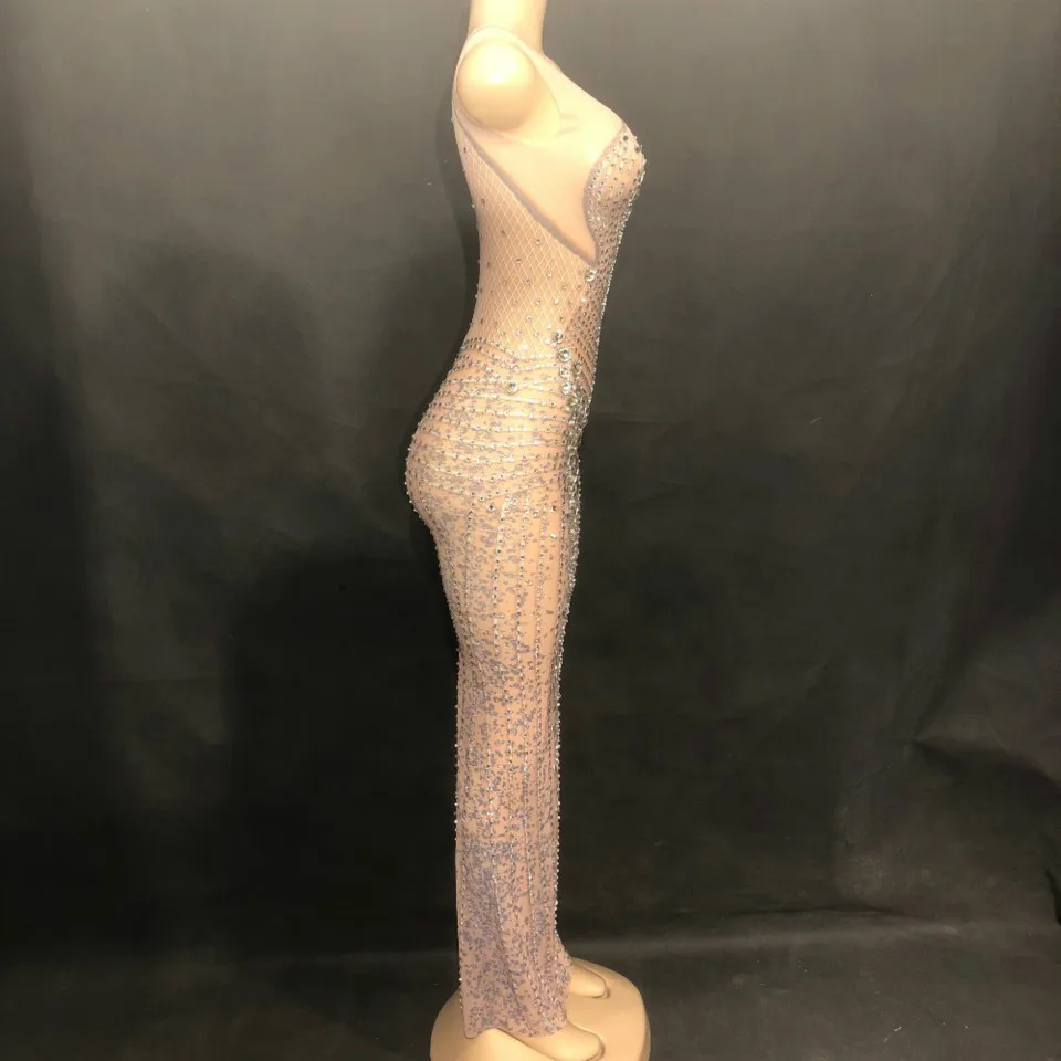 Sexy Bling Long Rhinestone bodycon Dress Women Net Yarn Sparkling Crystal Sleeveless Nightclub Party Dancer Singer Stage Wear |