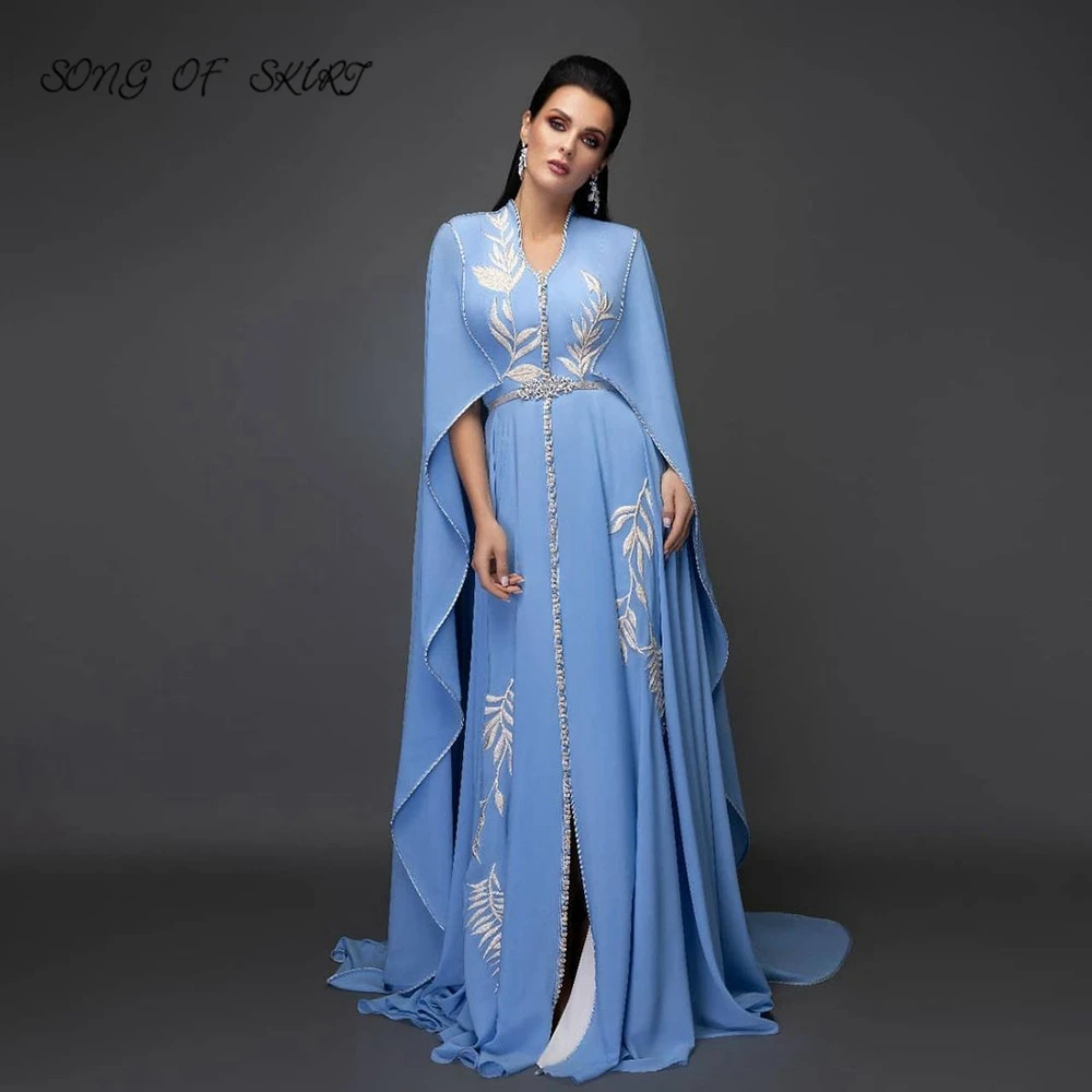 Zarif v yaka gök mavisi akşam elbiseler bölünmüş uzun müslüman kadınlar özel durum elbise fas Dubai Kaftan parti elbiseler