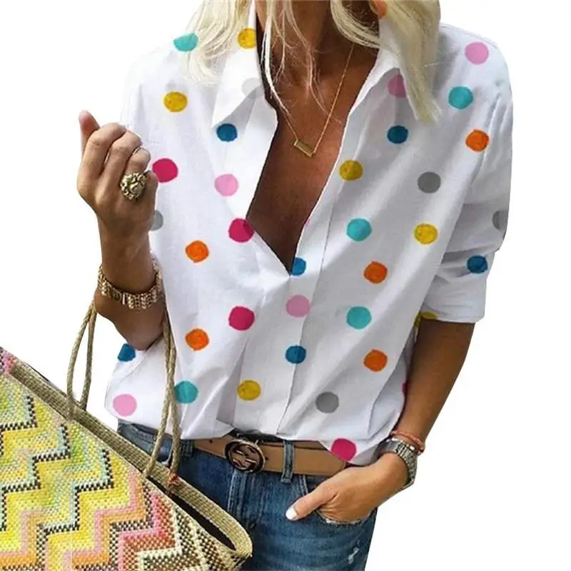 

Women Plus size blouse Long Sleeve Dot printing Blouse Turn Down Collar Shirts Plus Size Streetwear White Clothes 5XL 2021