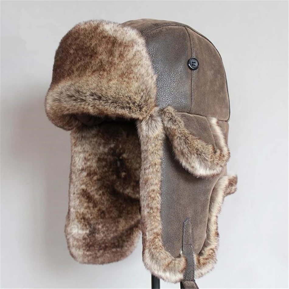 brownGe brown fur BUTTERMERE, кожаная мужская шапка-бомбер, Меховая зимняя шапка, Советская шапка-ушанка, русская коричневая Теплая Лыжная Шапка-ушанка для велоспорта, мужская шапка-ушанка - Цвет: brownGe brown fur