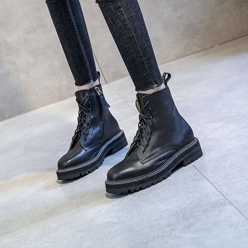 Женские ботильоны из натуральной кожи женские черные Винтажные ботинки коровьей