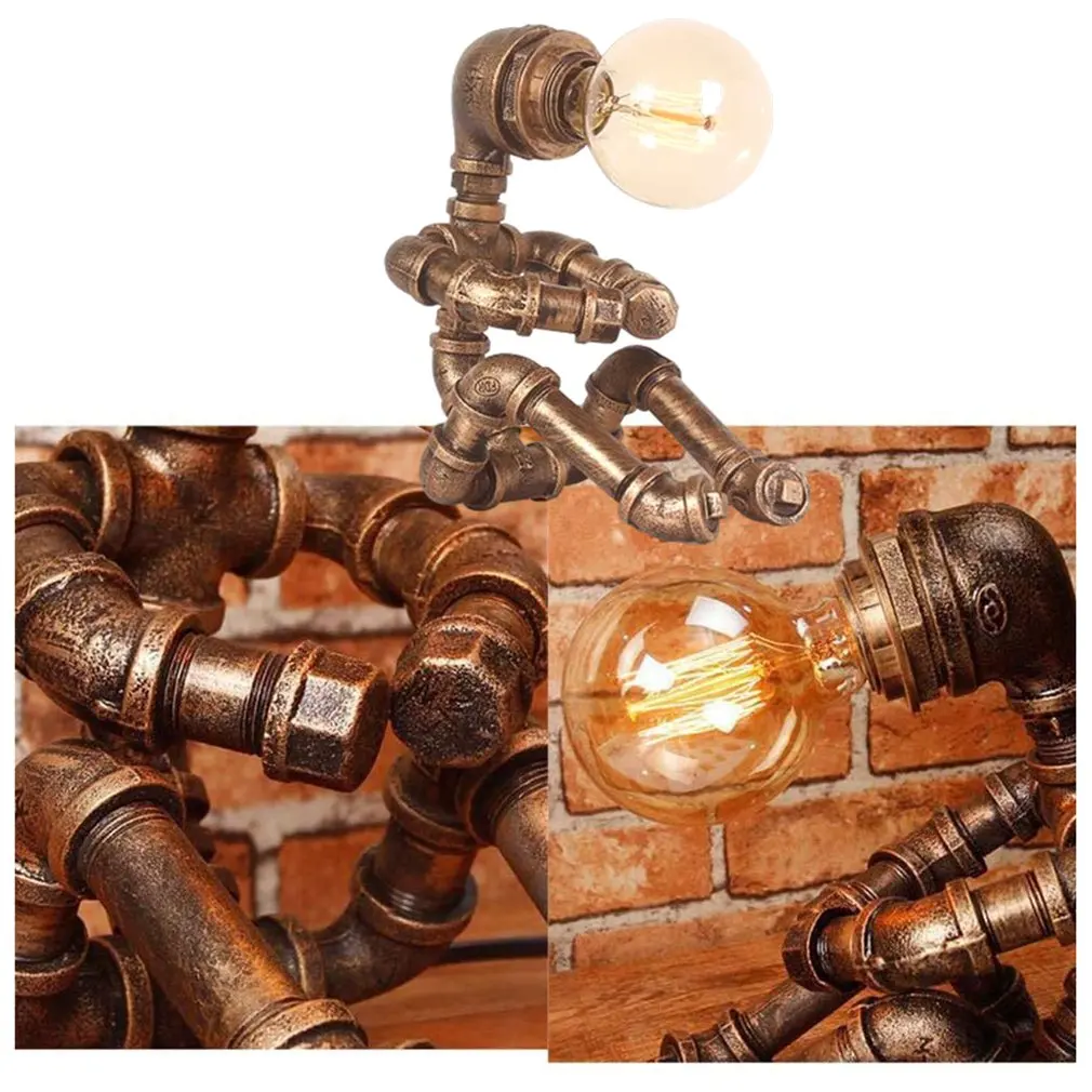 Настольная ретро лампа в стиле индастриал робот с железной трубой без лампочек