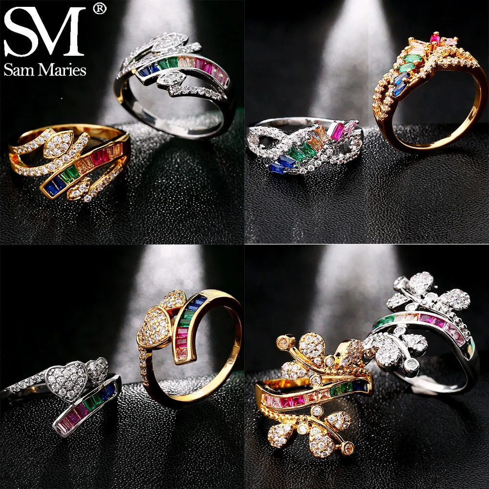 Роскошное кольцо 3A милое сердце цветок Бабочка радуга Кристалл принцесса