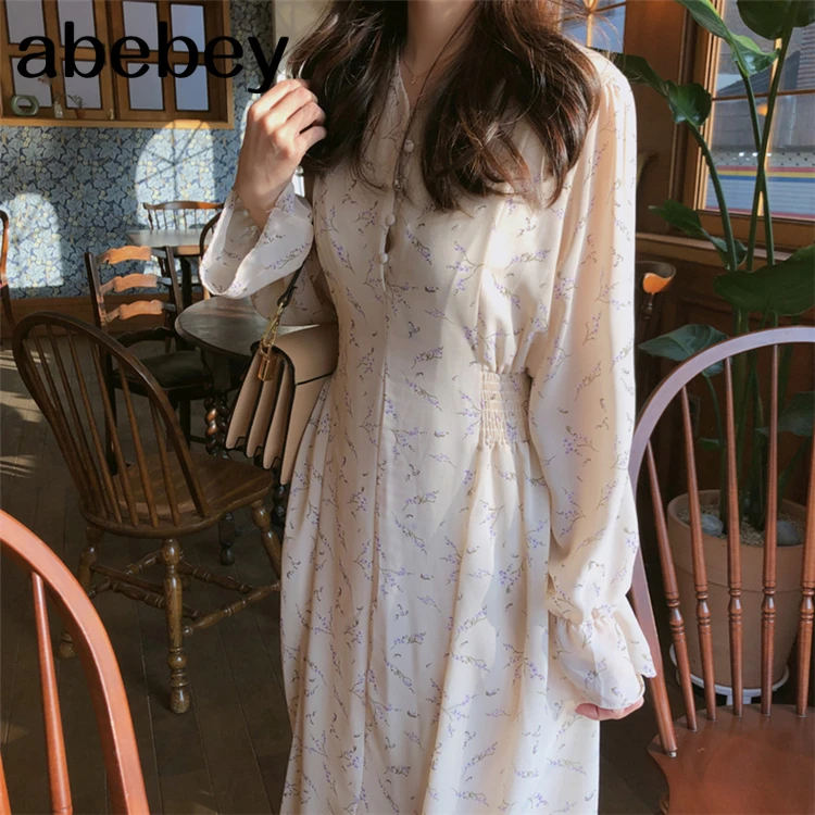 

New 2021 Women Summer Dress Casual V-Neck Puff Sleeve Chiffon High Waist Print Floral Fashionable Long Dress