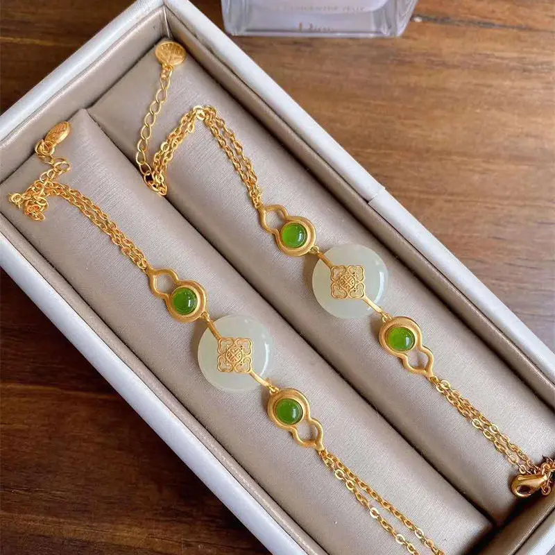 

Antique Bracelet Super Girl Chinese Style Small Pure Gourd Silver Gilding Inlaid Natural Hetian Jade Peace Buckle Bracelet for W