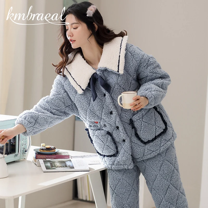 New Winter Three-layer Quilted Cotton Flannel Pajamas Set Women Cute and Lively Thick Warm Pyjamas Suit Homewear Clothes