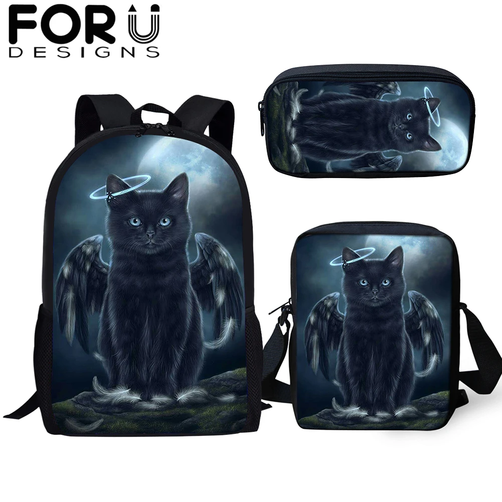 FORUDESIGNS/готический Черная кошка школьные сумки 3 шт./компл. для девочек и мальчиков Повседневное 3D Для женщин рюкзак ортопедический рюкзак детская дорожная сумка для книг