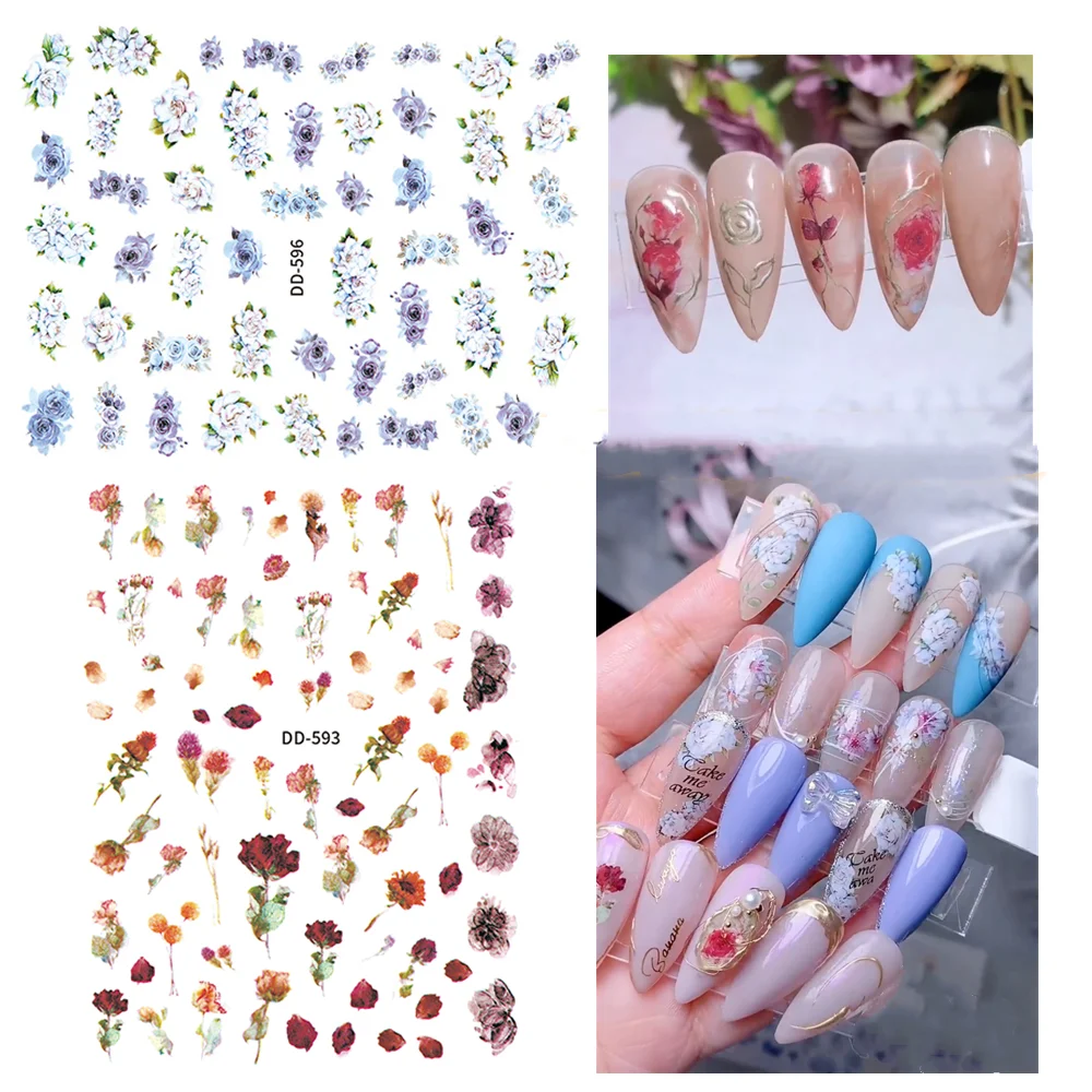 1Sheet 3D Ultra-Thin Nail Flower Stickers Rose Flower Decals For Nails Art Manicure Decoration Wrap Adhesive Glue Sticker @DH-DD