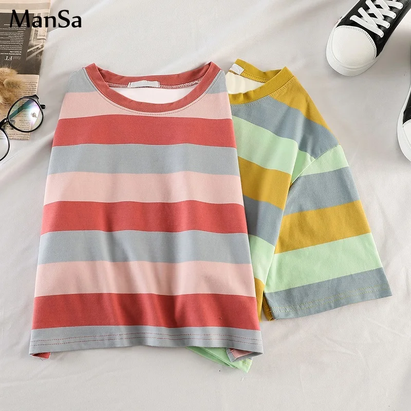 Корейские кавайные радужные полосатые футболки летние новые Графические