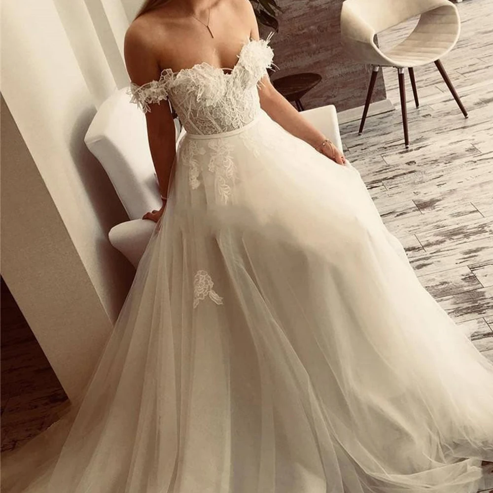

Princess Lace Wedding Dress A-Line Off The Shoulder Sleeveless Zipper Court Train Bohemian Bridal Gowns 2021 Vestido De Noiva