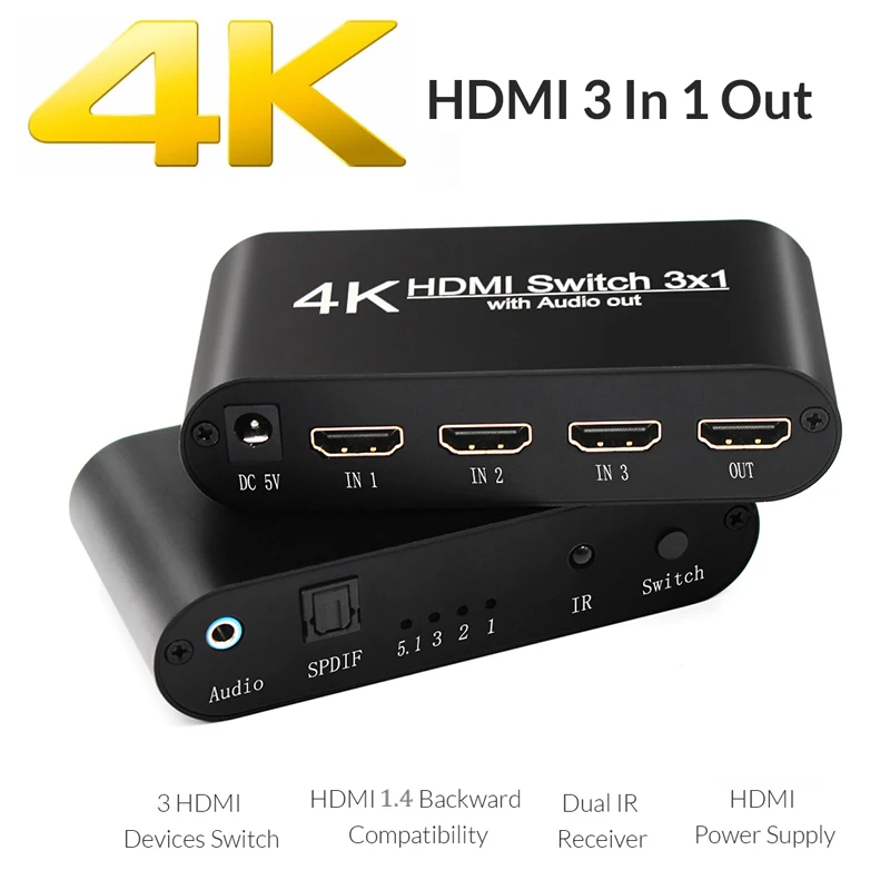 HDMI коммутатор 3x1 4K Аудио экстрактор с удаленным аудио Out3 в 1 переключатель