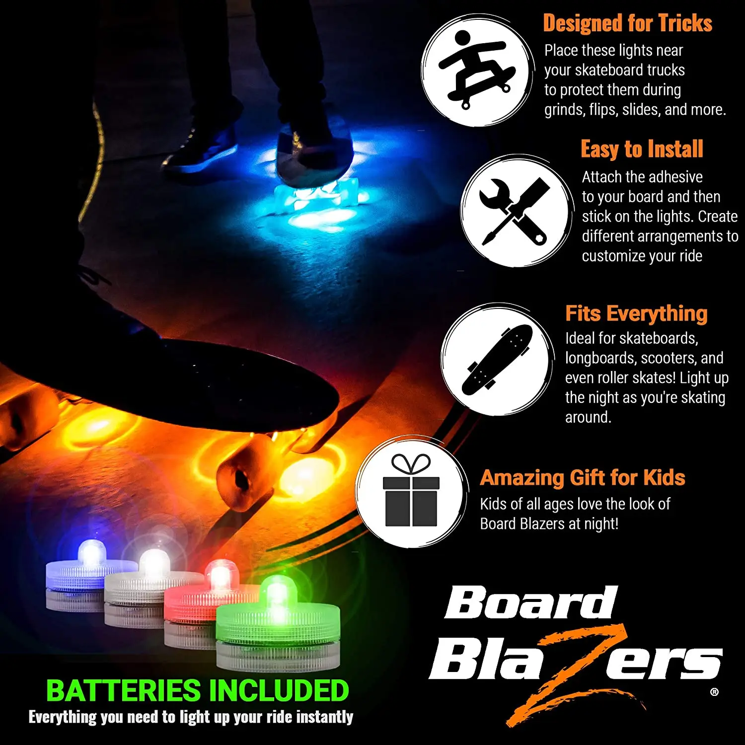 

Color Changing LED Skateboard LightsIdeal Skateboard Gift & Skateboard Accessory. Perfect LED Longboard Light or Scooter Light