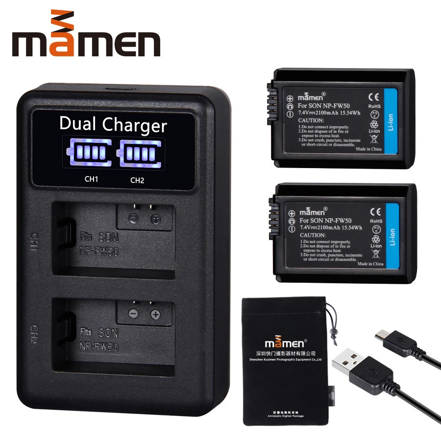 2 шт. 2100 мАч перезаряжаемый NP-FW50 NP FW50 npfw50 np fw50 np-fw50 батарея для цифровой камеры+ ЖК USB двойное зарядное устройство для sony NEX-3 a7R Alpha a6500 a6300 a6000 a5000 a3000 Аккумулятор камеры