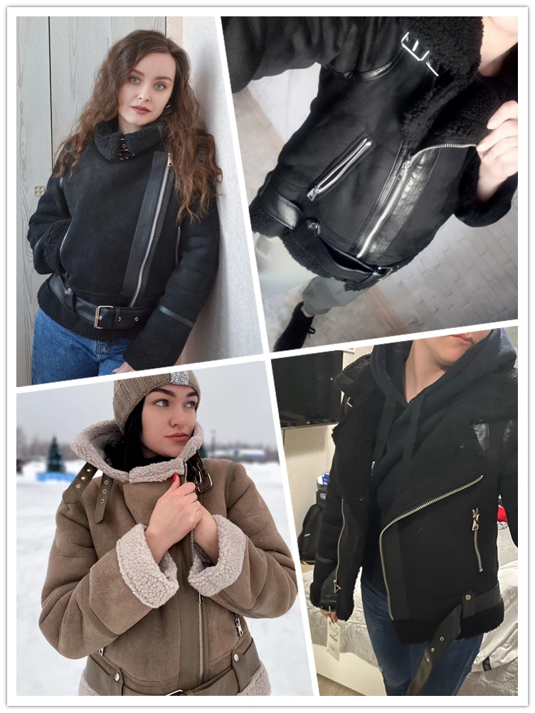 Ailegogo Winter Women Thick Warm Suede Lamb Jacket Short Motorcycle Brown Coats Faux Shearling Sheepskin Leather Jackets Outwear enlarge