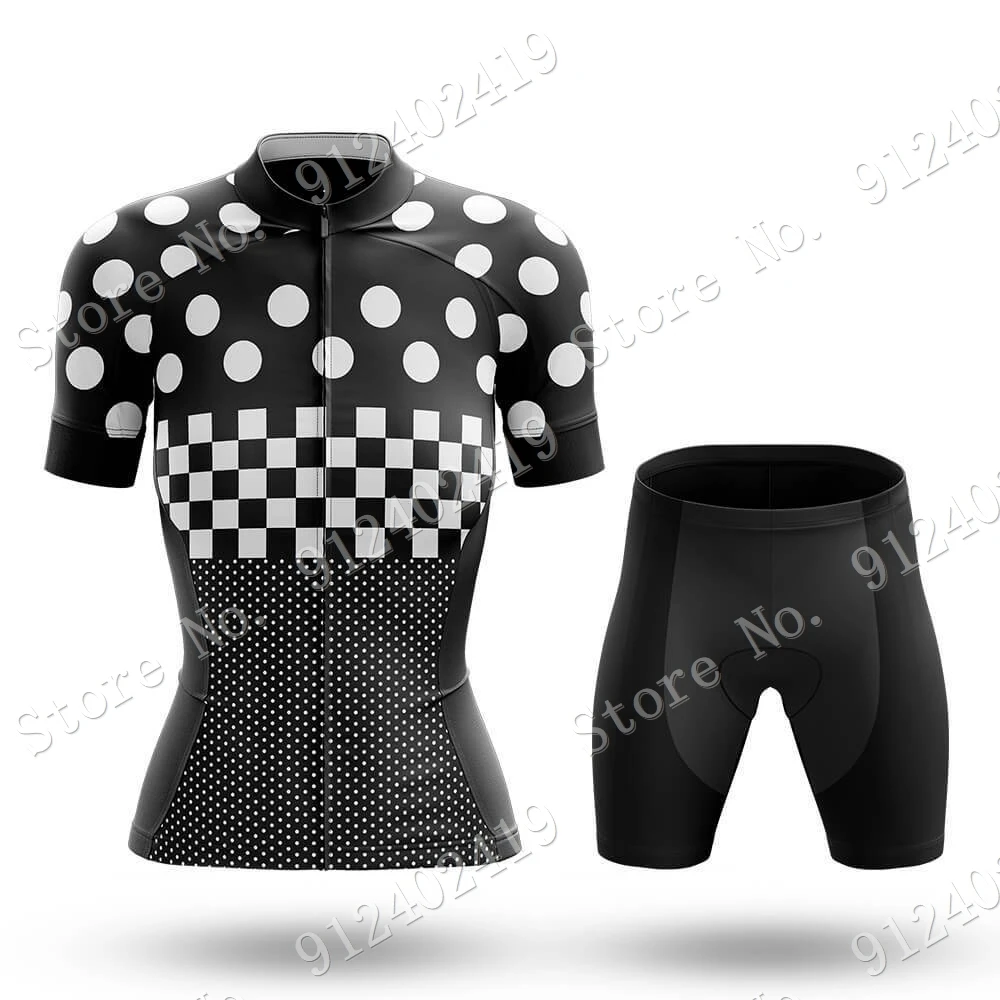 

Women Polka Dots Black White Cycling Jersey Set 2022 Bicycle Cozok Clothing Road Bike Shirts Suit Shorts MTB Ropa Maillot