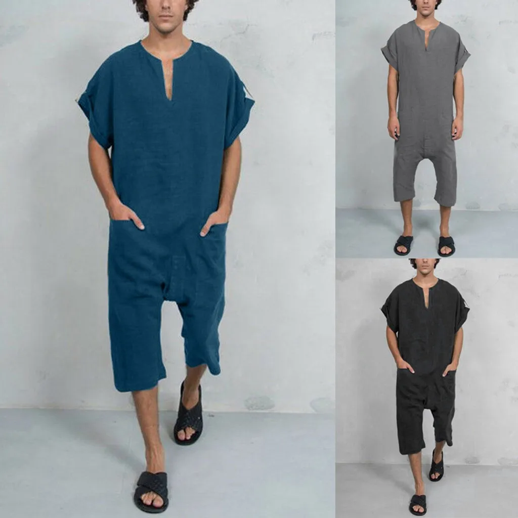 Винтажные мужские комбинезоны летние свободные хлопковые с коротким рукавом и