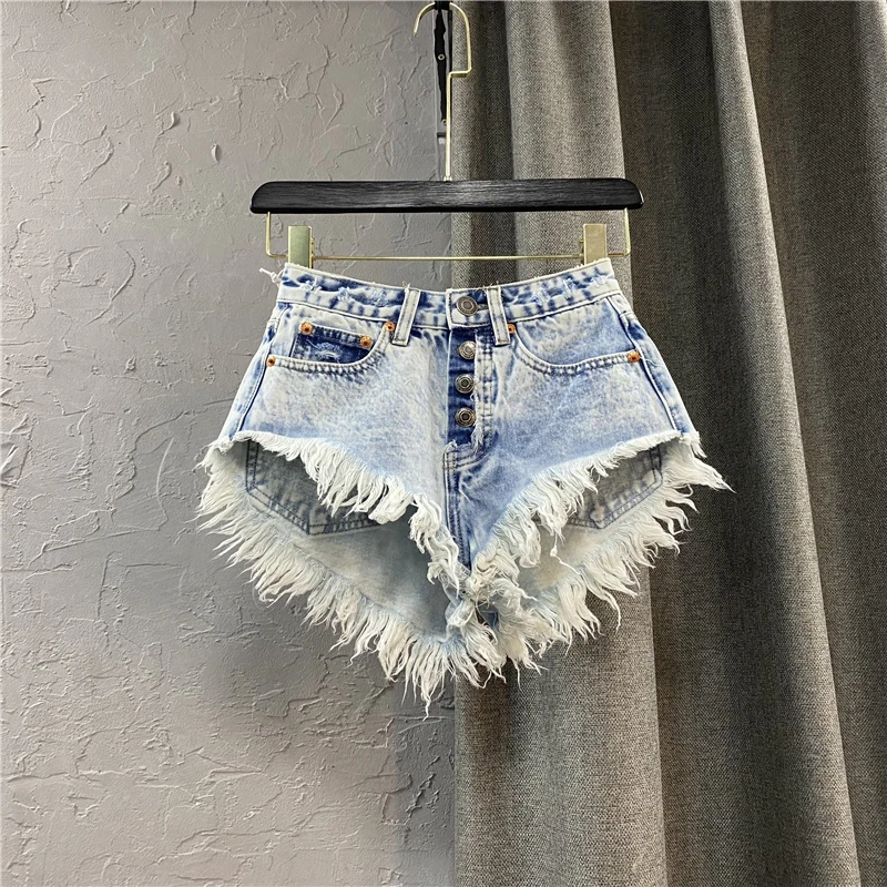 

Woman High Waist Jeans Shorts Single-Breasted Wide Leg Hot Pants Street Fringed Burr Denim Shorts Women's Summer Jean Shorts
