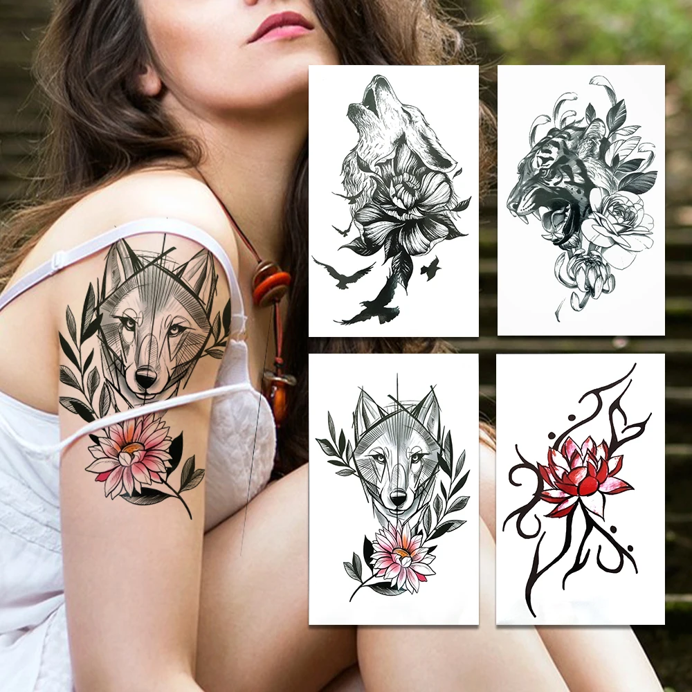 Wolf Sweat Pea Temporary Tattoos For Female Men Tiger Flower Fake Tattoo Minimalist Lotus Chrysanthemum Waist Waterproof Tatoos