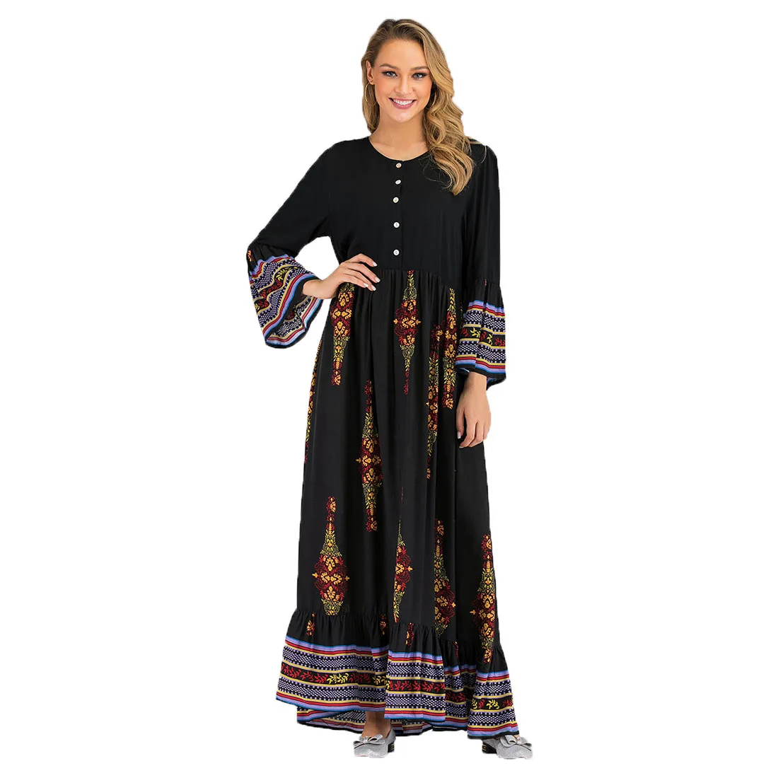 

BianFeng Women's Muslim Fashion Floral Printe Abaya Loose Fit Long Sleeve Casual Plus Size Dress Color Black