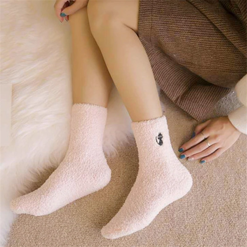1 пара однотонные мягкие женские пушистые носки карамельного цвета коралловый